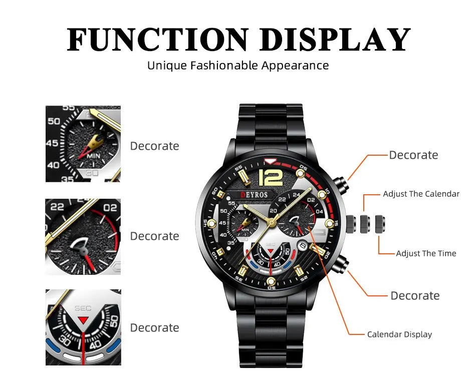 Luxury Men's Sports Quartz Watch, Stainless Steel, Luminous