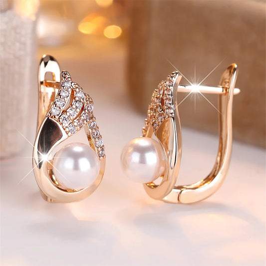 Gold Color Pearl & Zircon Hoop Earrings for Women