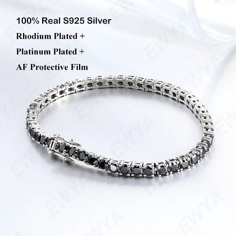 “Black Moissanite Tennis Bracelet, 925 Silver”