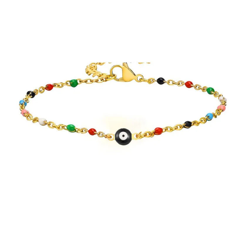 Stainless Steel Evil Eye Anklet, Blue Beads