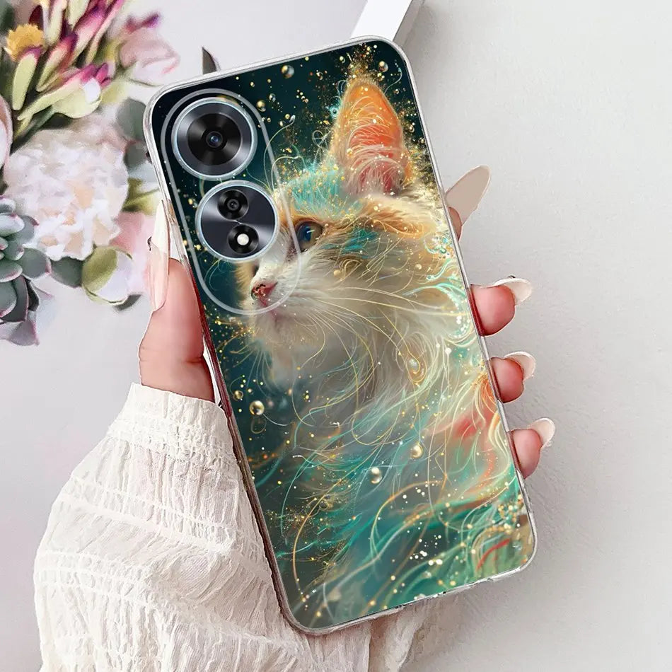 Elegant Floral Cat TPU Cover – OPPO A60