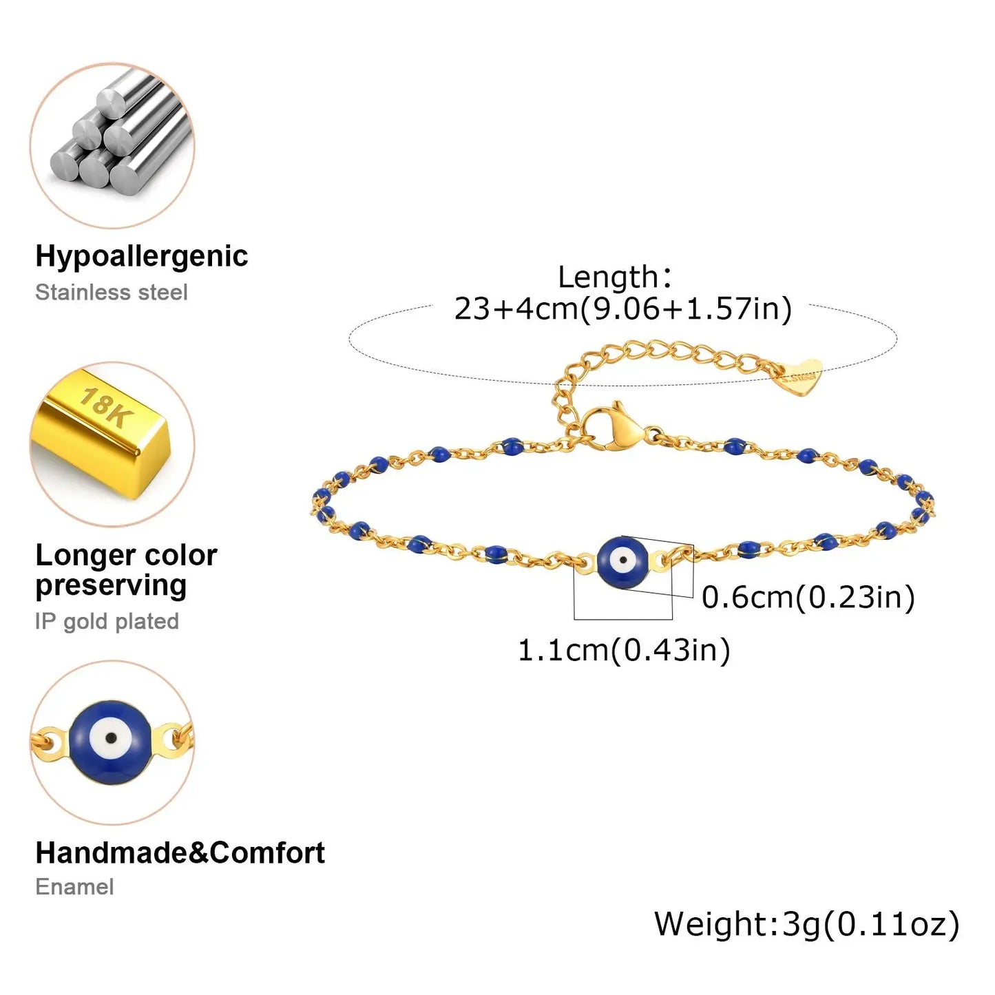 Stainless Steel Evil Eye Anklet, Blue Beads