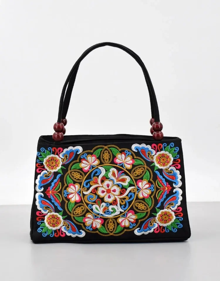 Floral Embroidered Canvas Handbag