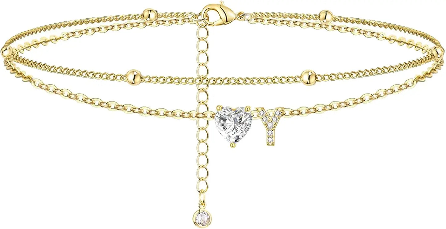 14K Gold Plated CZ Initial Heart Anklet, Waterproof
