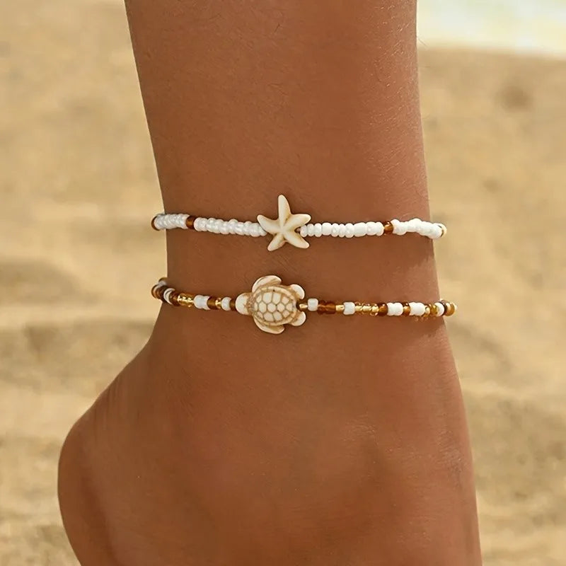 2PCS Brown Starfish & Turtle Anklet, Beach Theme