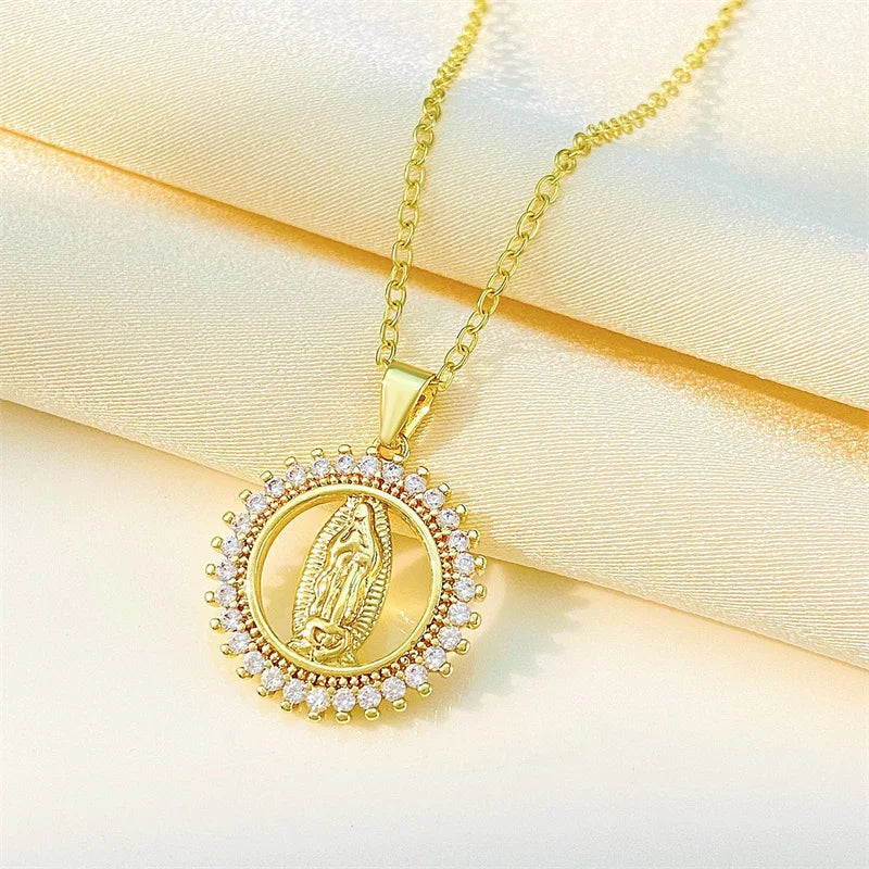 Copper Virgin Mary Zircon Pendant Necklace