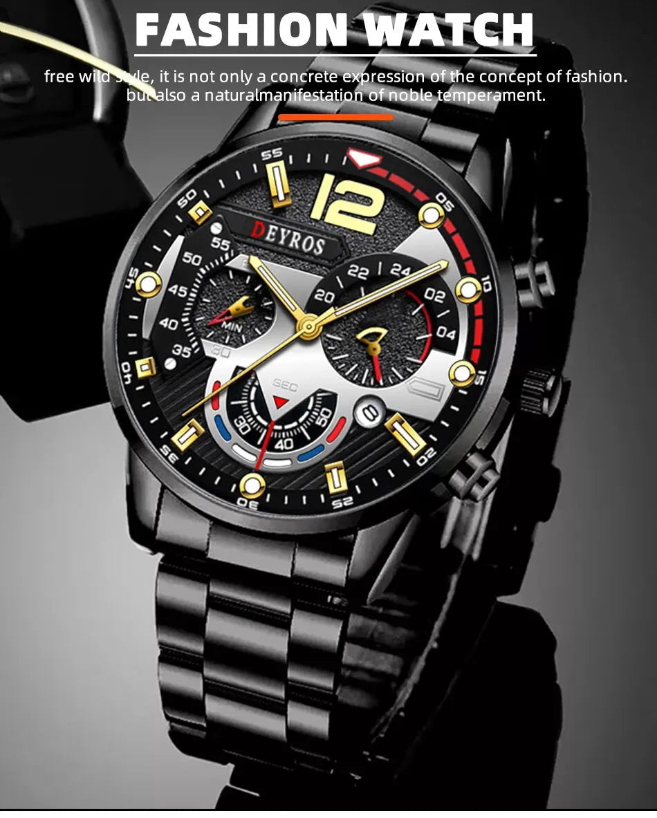 Luxury Men's Sports Quartz Watch, Stainless Steel, Luminous