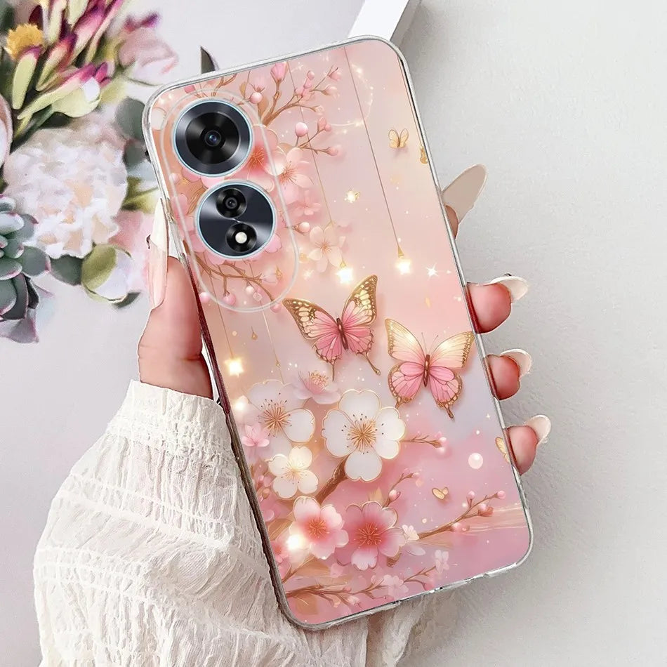 Elegant Floral Cat TPU Cover – OPPO A60