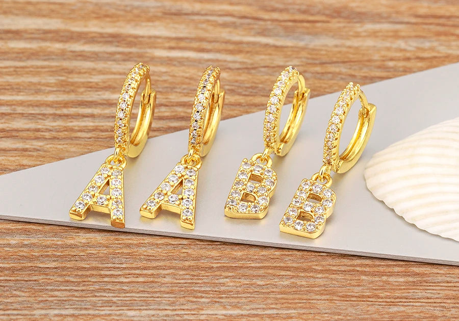 "Gold Zircon Alphabet Hoop Earrings A–Z – Fashion Jewelry Gift
