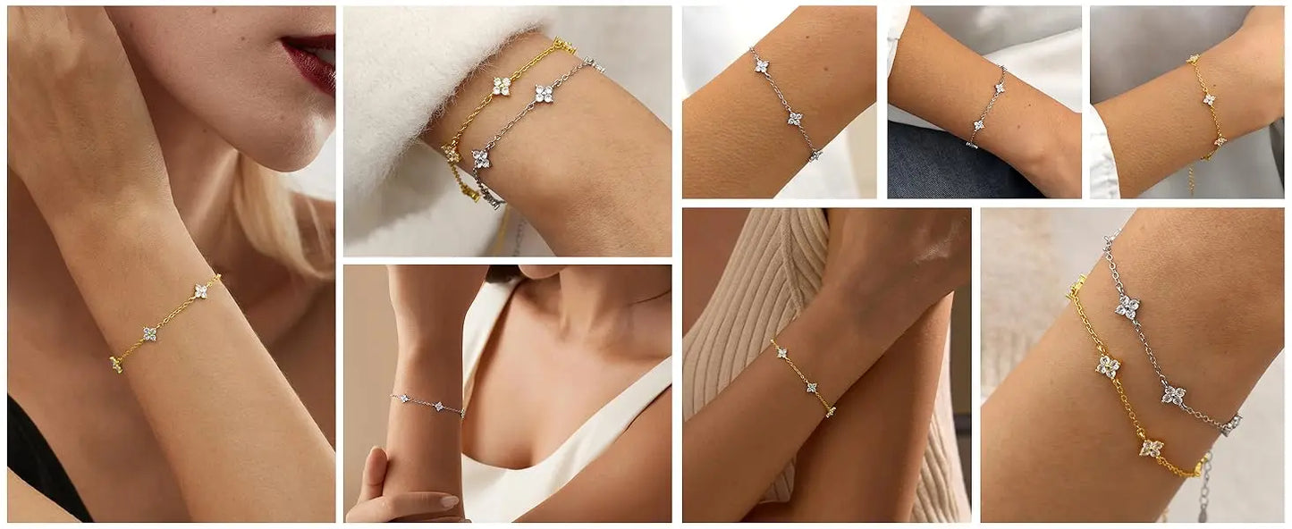 925 Silver CZ Four-Leaf Flower Bracelet