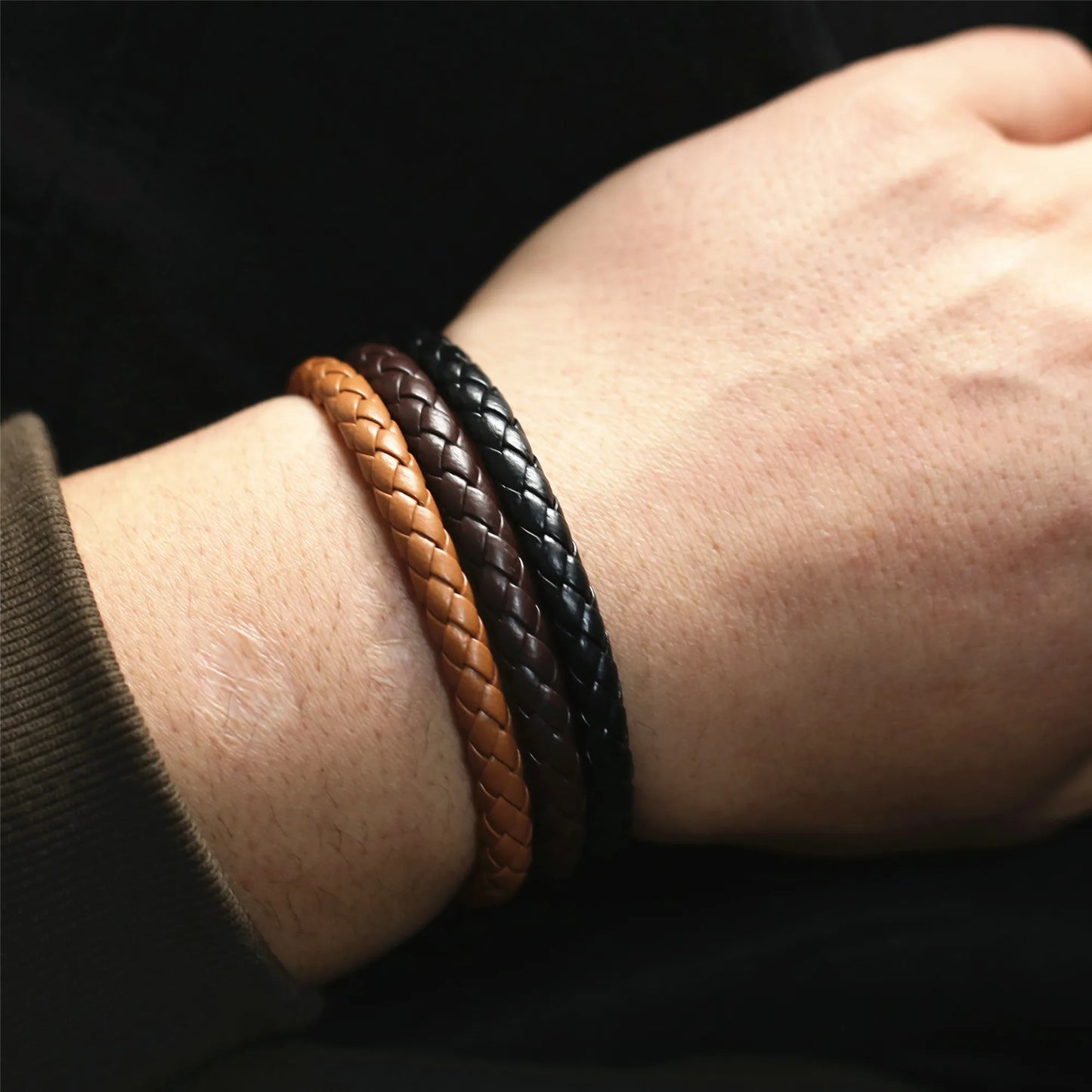 “Khaki Brown PU Leather Braided Bracelet”
