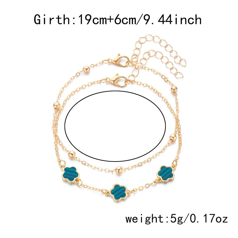 2PCS Lucky 5-Leaf Clover Anklet Set with Flower Charm