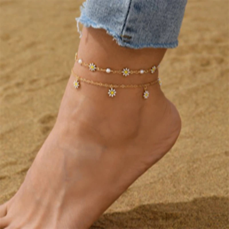 Elegant Daisy Anklet with Blue Turkish Eye & Elephant Charms