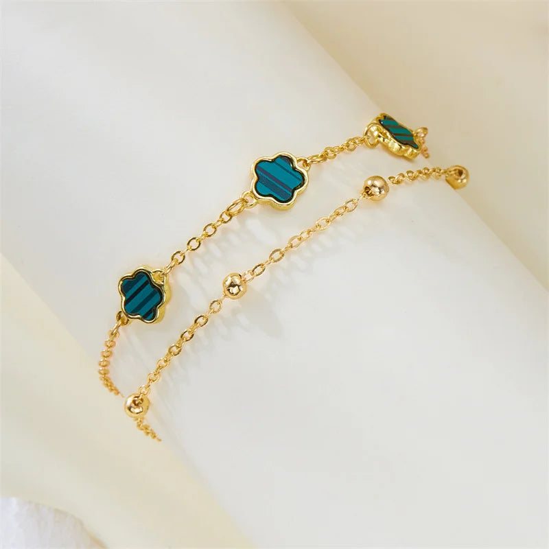 2PCS Lucky 5-Leaf Clover Anklet Set with Flower Charm