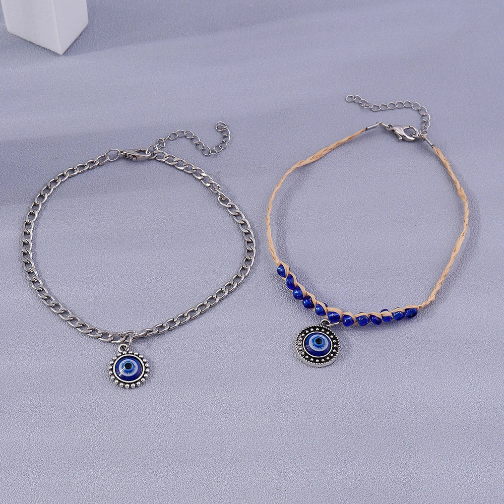 2PCS Boho Blue Evil Eye Anklet Set