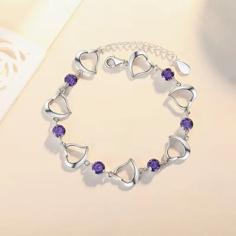 “925 Silver Purple & White Zirconia Bracelet 17+4CM”