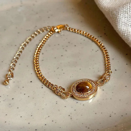 "Vintage Tiger Eye & Amber Stone Bracelet – Women’s Jewelry Gift
