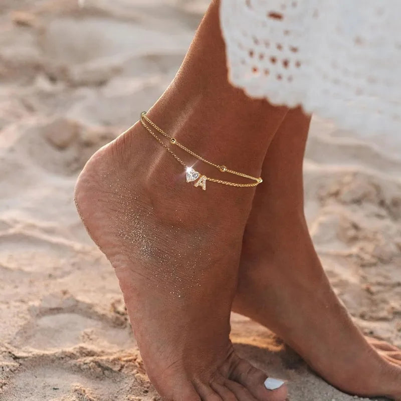 14K Gold Plated CZ Initial Heart Anklet, Waterproof