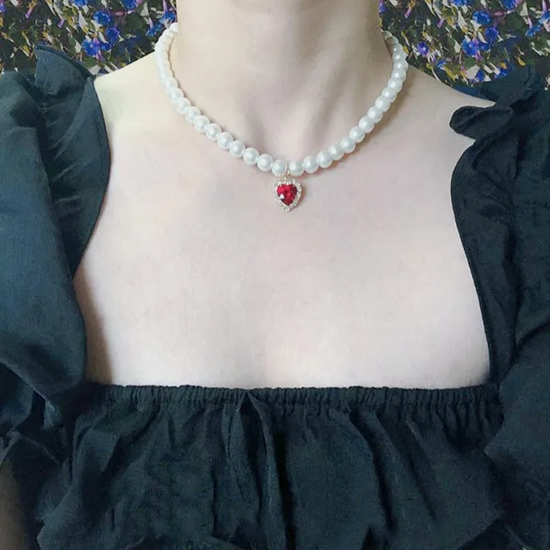 Baroque Red Crystal Heart Pearl Necklace