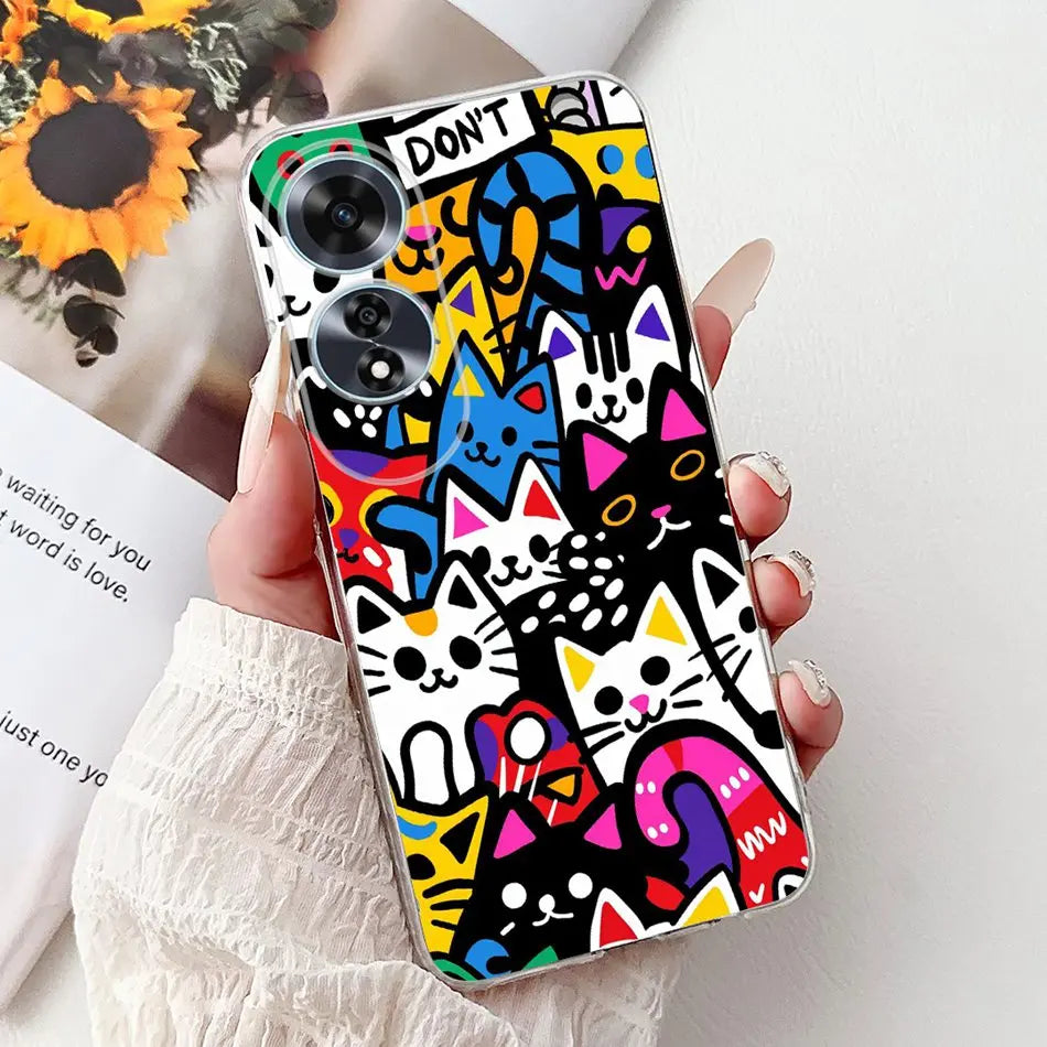 Elegant Floral Cat TPU Cover – OPPO A60