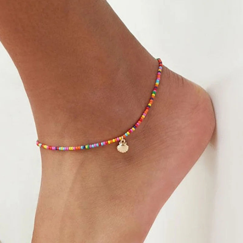 Rainbow Beads Shell Anklet, Gold & Silve