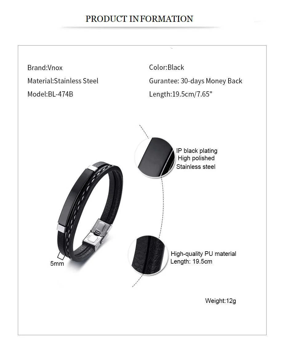 Vnox Unique Sew Lines Genuine Leather Bracelets for Men Women Stainless Steel Bar Layered Bangle Causal Pulseira