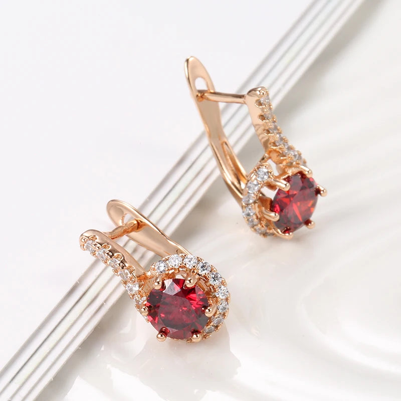 “585 Rose Gold Red Zircon Round Earrings