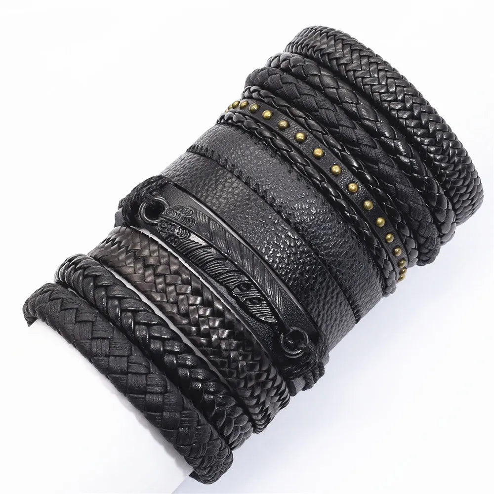 10pcs Black Woven Leather Bracelets Set”