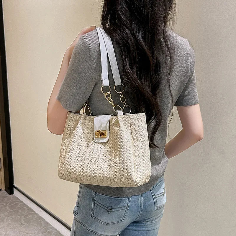 Chic Straw Woven Tote with Chain Leather Strap