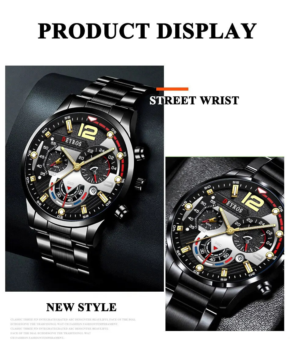 Luxury Men's Sports Quartz Watch, Stainless Steel, Luminous