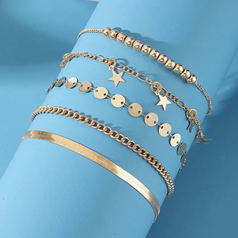 Boho Gold Snake Anklet Set with Charms