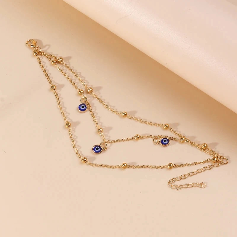 Gold Silver Evil Eye Layered Anklet for Women