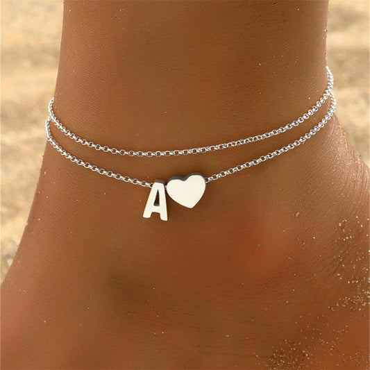 A-Z Letter Anklet, Stainless Steel, Heart Charm