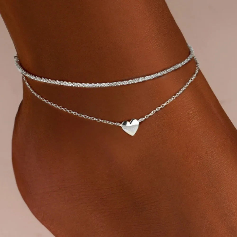 Double Layer Heart Pendant Anklet, Boho Style